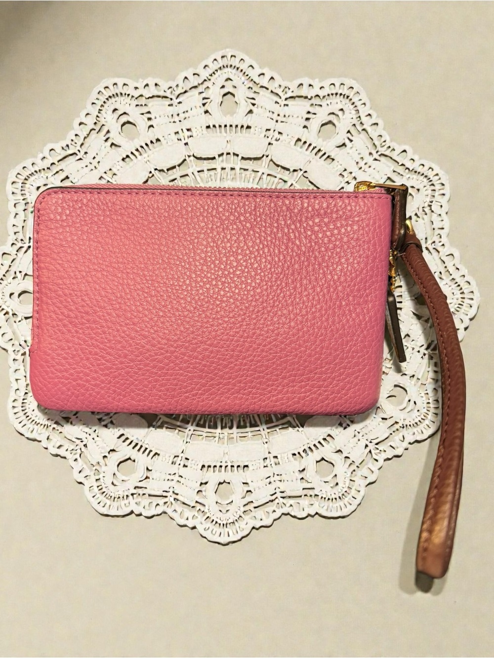 NWT Coach Pebbled Leather Double Zip Wristlet Colorblock Burnt Orange Pink $98 - Picture 8 of 15